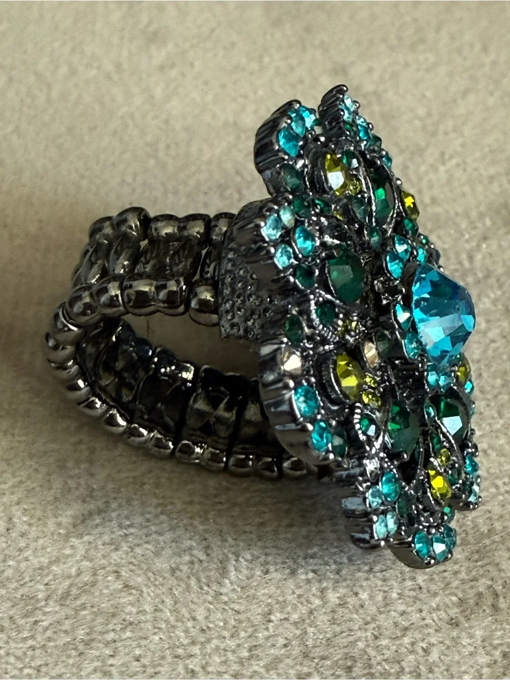Teal & Emerald Crystal Floral Statement Ring